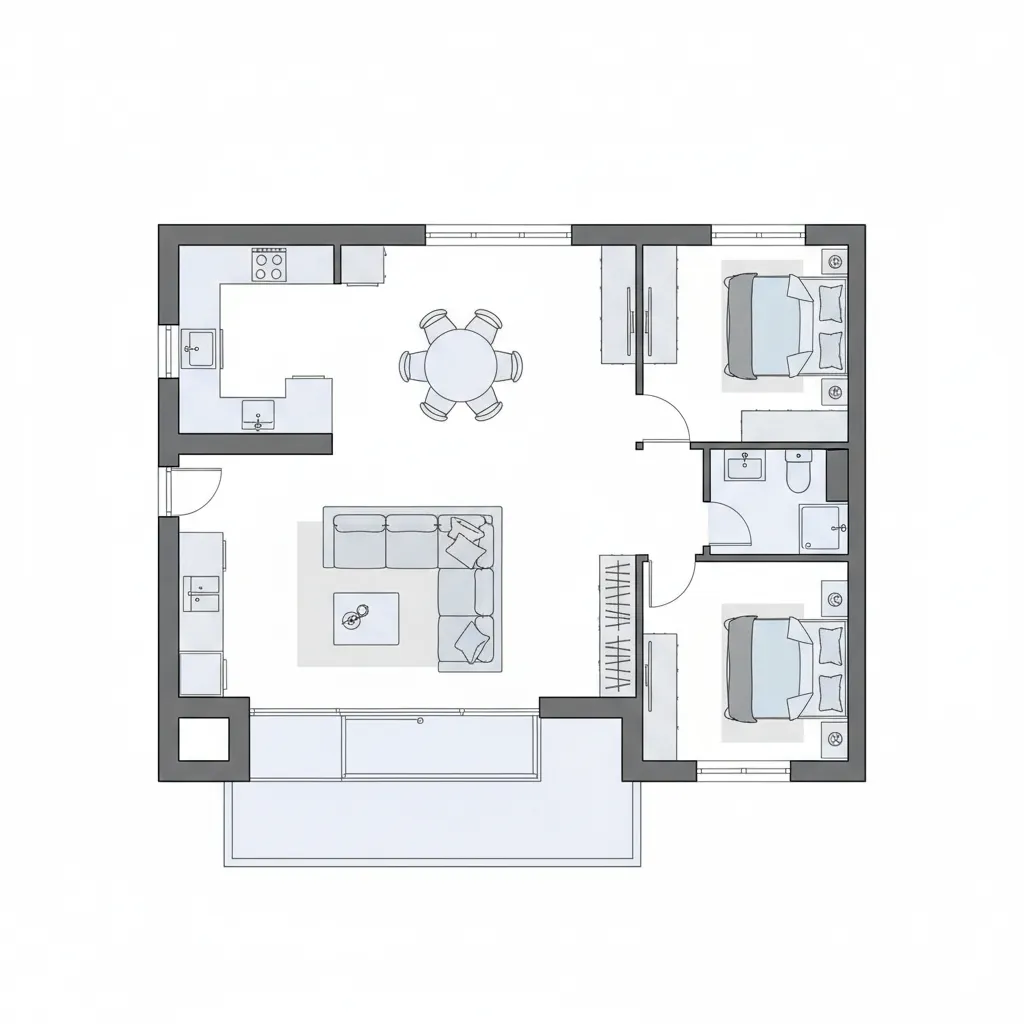 Plano arquitectónico de una casa moderna pequeña con distribución abierta