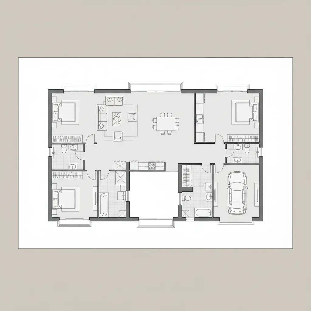 Plano arquitectónico de una casa moderna de una planta