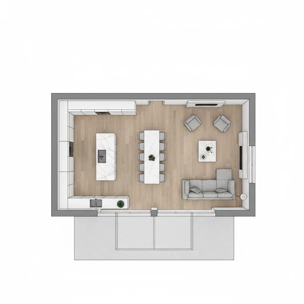 Plano moderno de vivienda con espacios abiertos