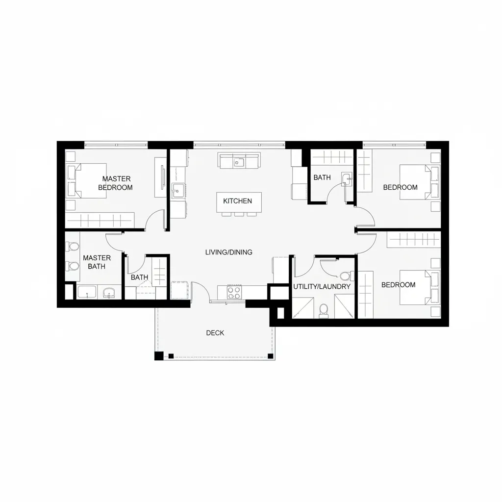 Plano arquitectónico de casa modular de una planta con distribución abierta
