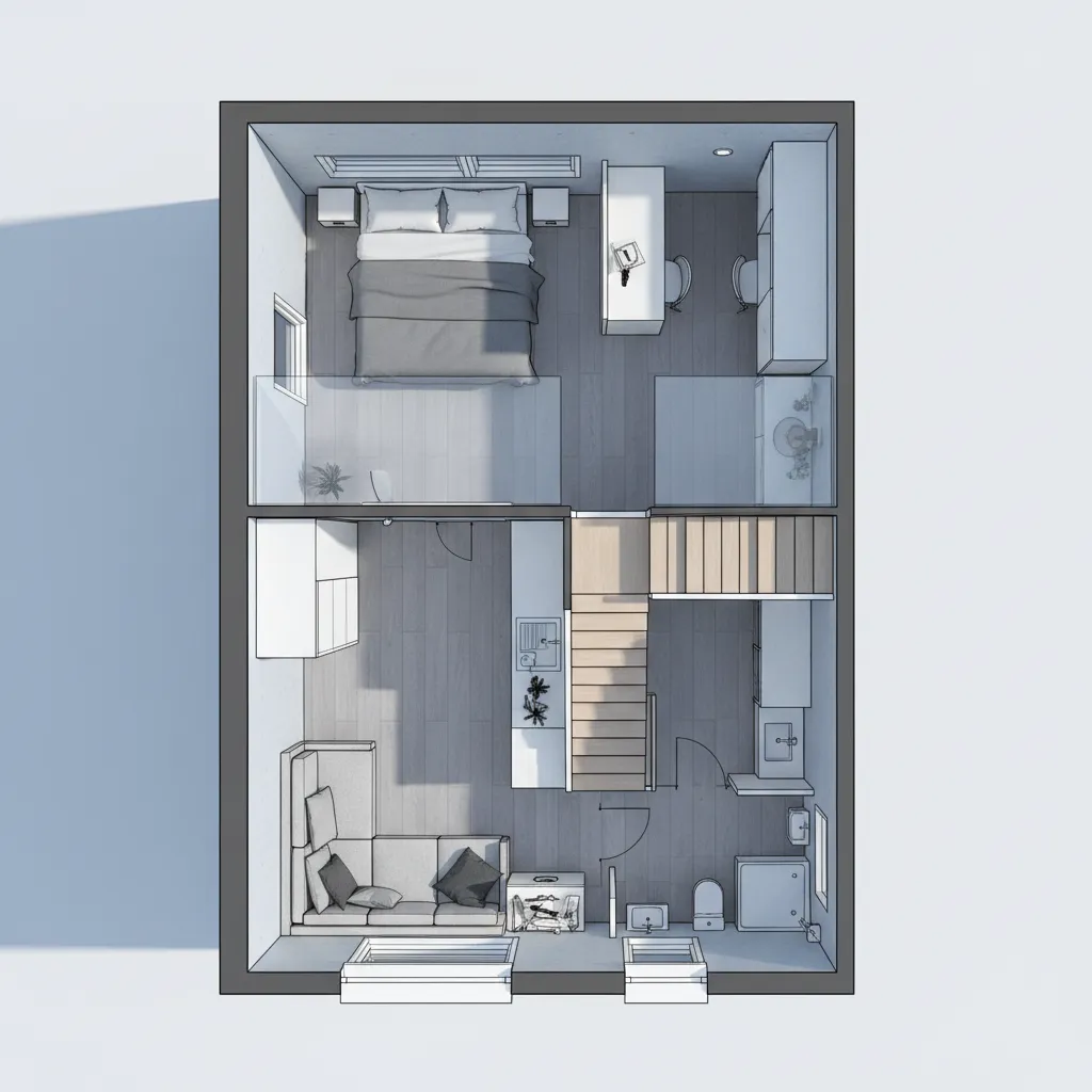 Plano de diseño interior de una casa móvil mostrando ubicación de escalera