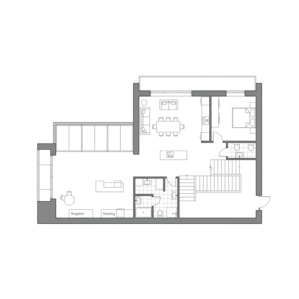 Black and white interior design drawing showing a house floor plan with furniture and stairs