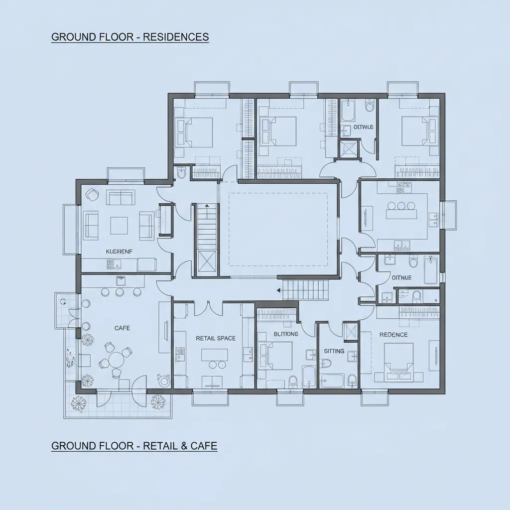 Plano arquitectónico de casa con local comercial y vivienda arriba