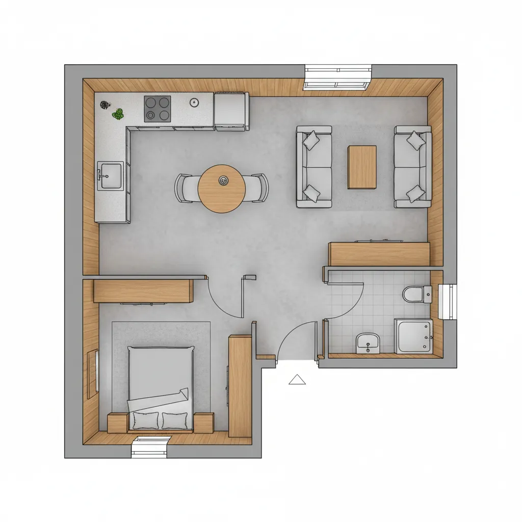 Small home floor plan layout with kitchen dining table living area bedroom and private bathroom space