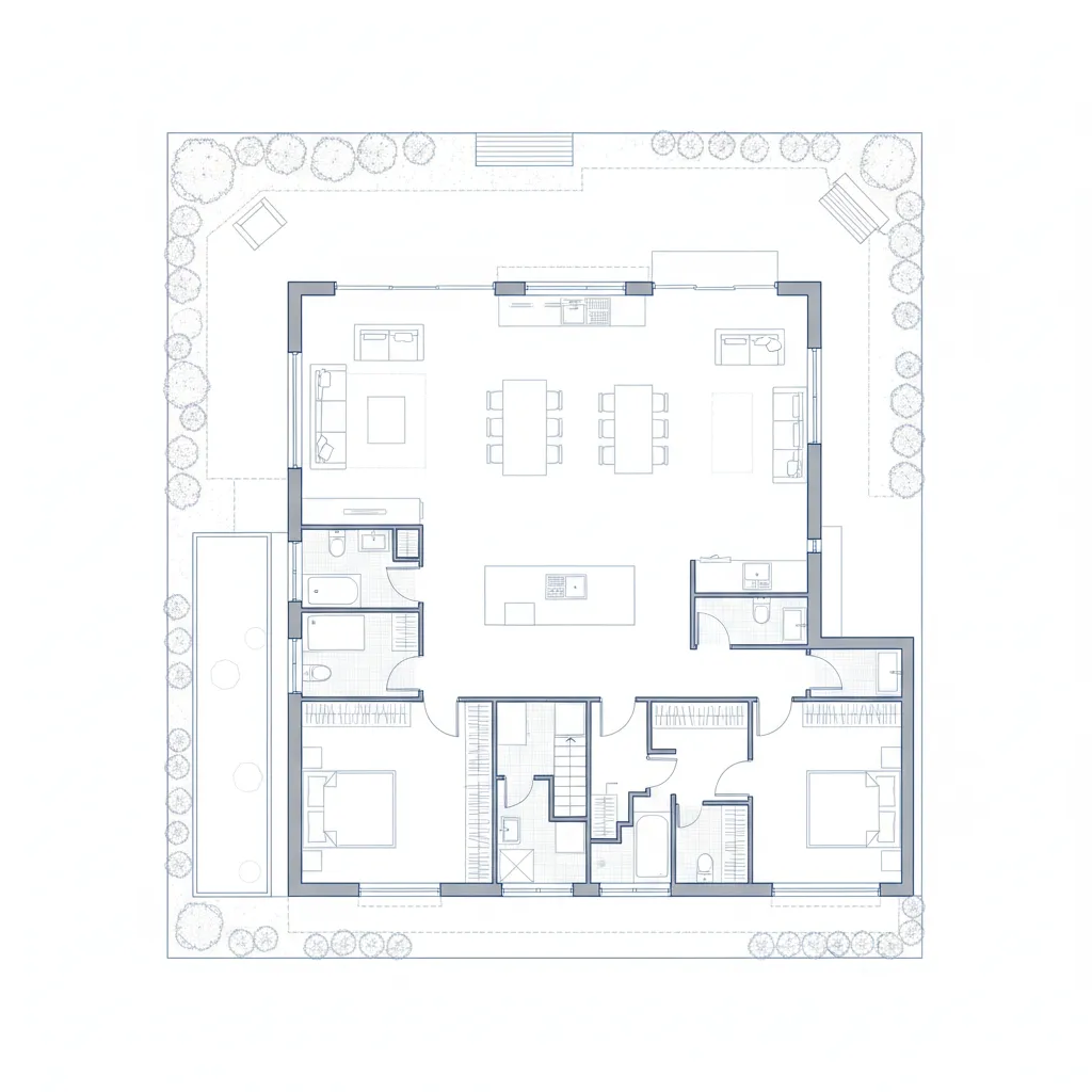 Plano arquitectónico de una casa diseñada para parcela de 200 metros cuadrados