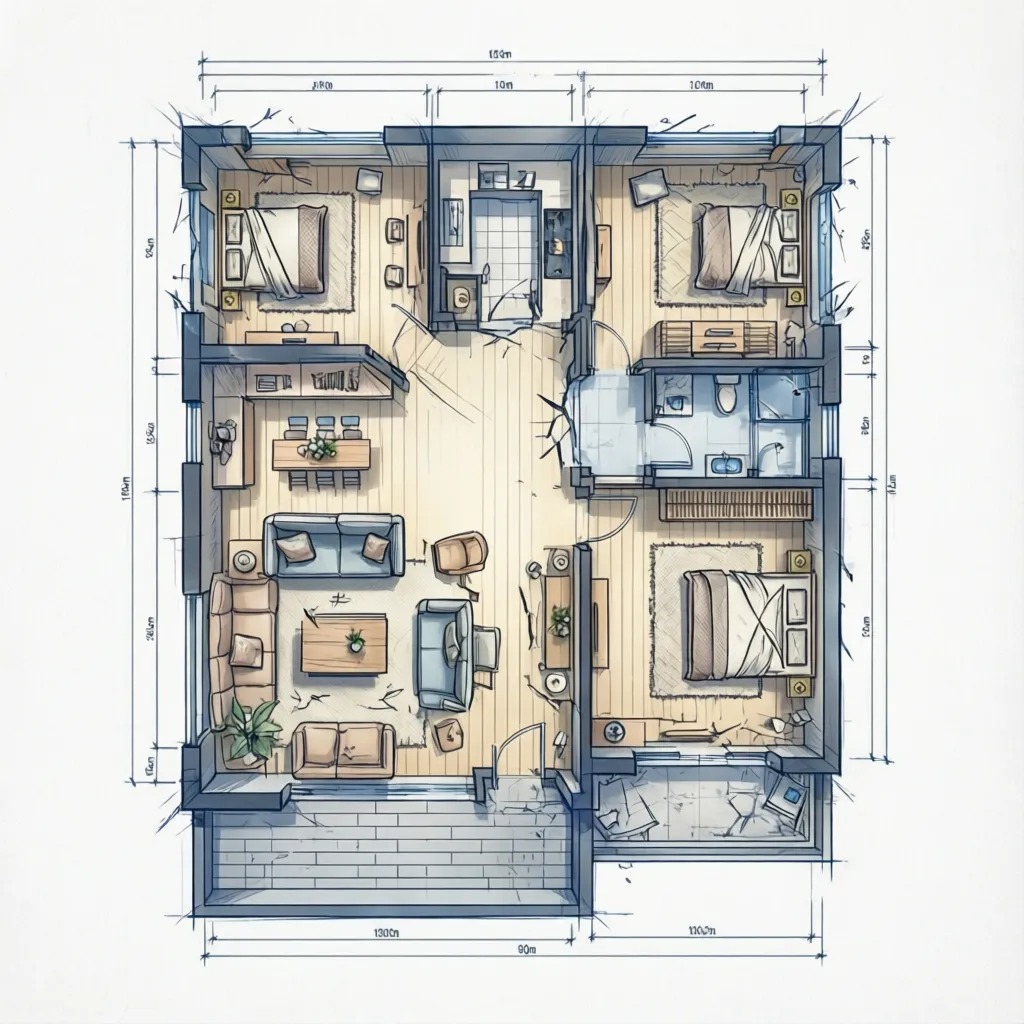 Plano de distribución de una casa pareada de dos plantas con 120 m²
