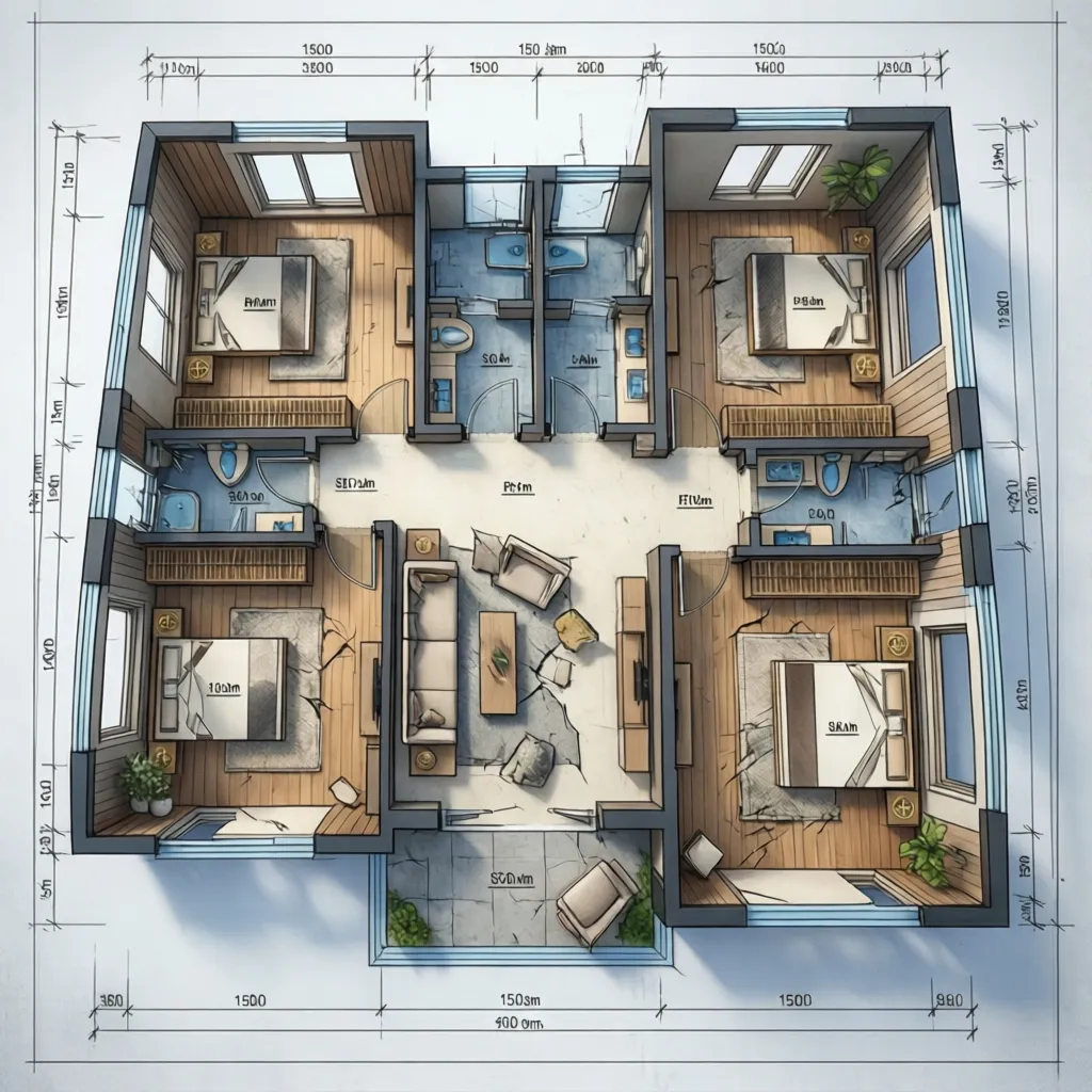Plano arquitectónico de una casa pareada de 150 metros cuadrados