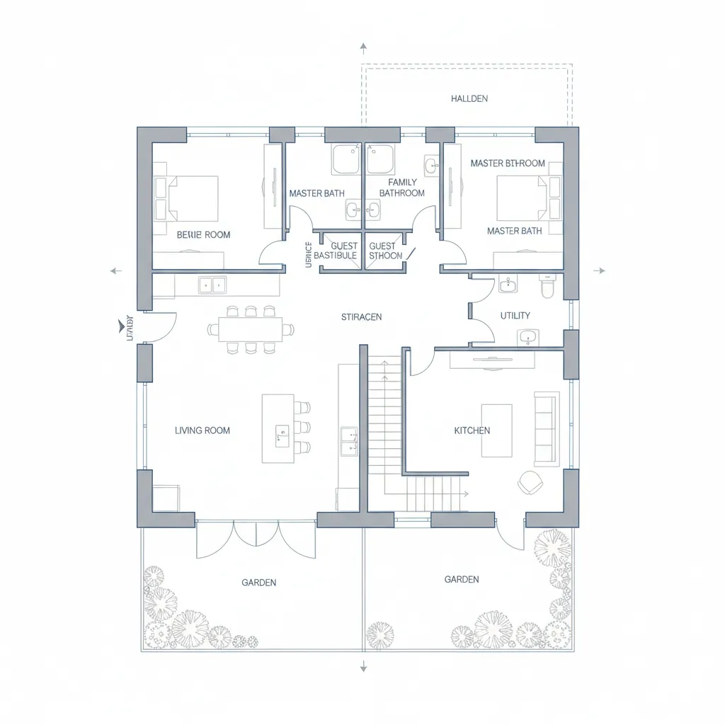 Plano arquitectónico de una casa pareada con distribución eficiente