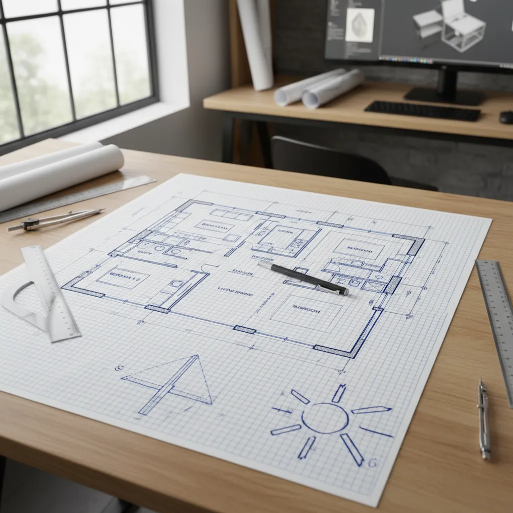 Plano arquitectónico de casa pasiva con orientación solar marcada