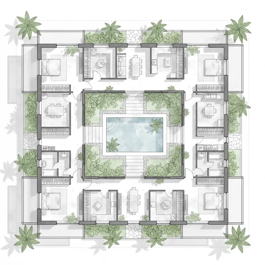Plano arquitectónico de casa con patio central