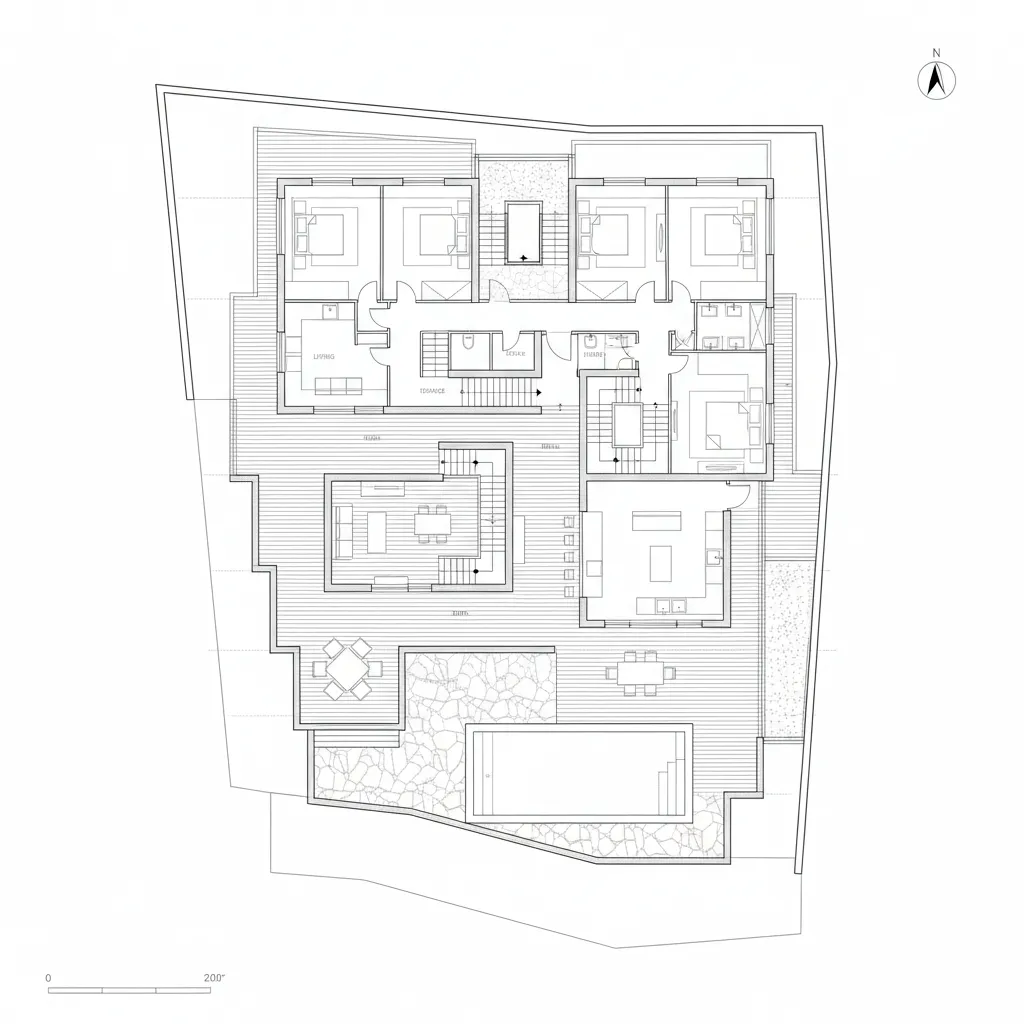 Interior design drawing showing a house room layout with four bedrooms kitchen and swimming pool