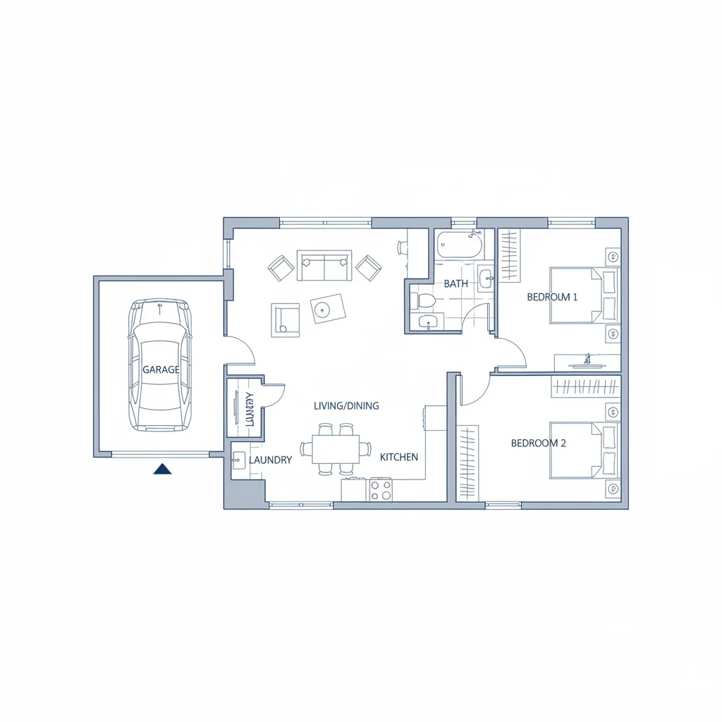 Plano arquitectónico de casa pequeña con garaje