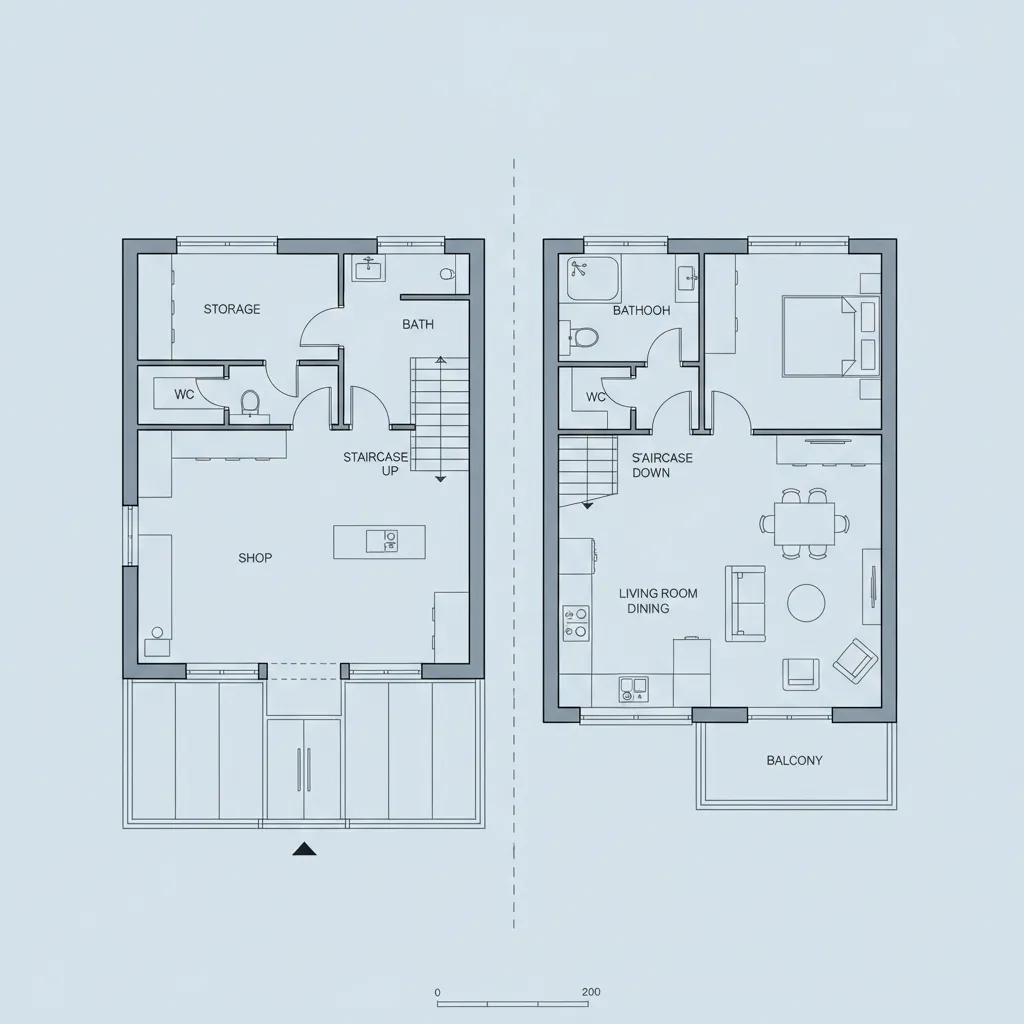Plano arquitectónico de una casa pequeña con local comercial en planta baja