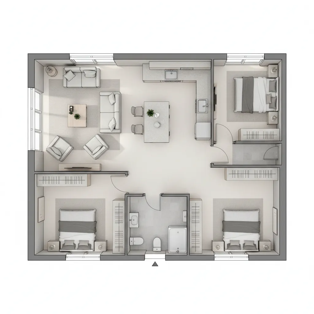 Plano de distribución de una casa pequeña con sala cocina y dos dormitorios