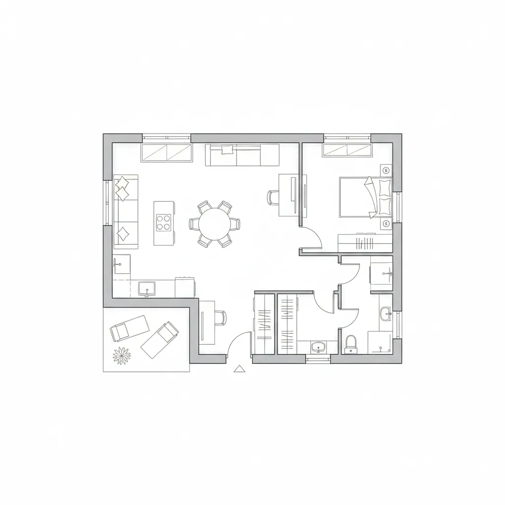 Plano arquitectónico de casa pequeña con distribución eficiente