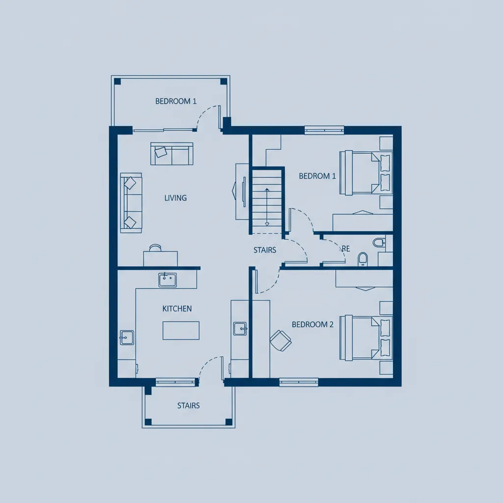 Plano arquitectónico de una casa pequeña de dos pisos con distribución abierta