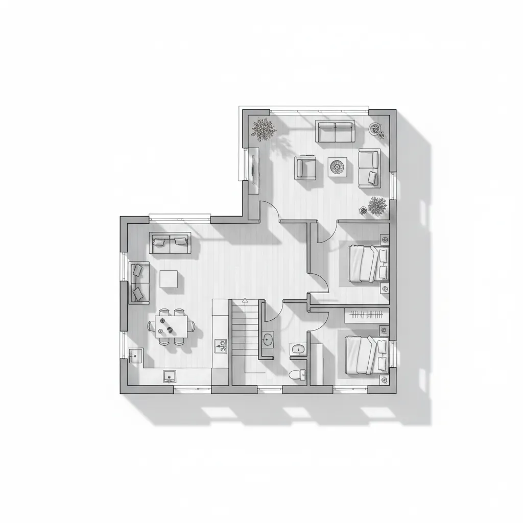 Plano arquitectónico de una casa pequeña de dos pisos con terraza