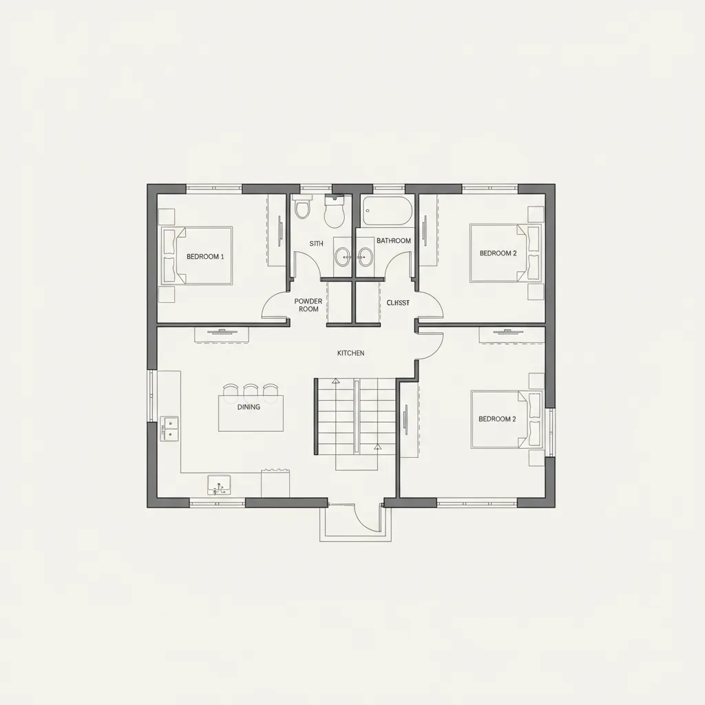 Two-bedroom floor plan layout showing a kitchen, dining area, bathroom, and stairs with room labels