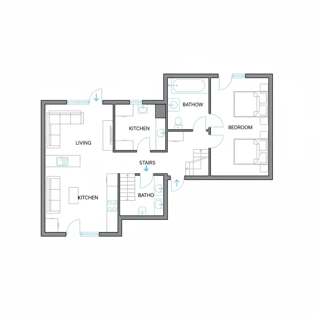 Plano arquitectónico de una casa pequeña de dos plantas con distribución eficiente
