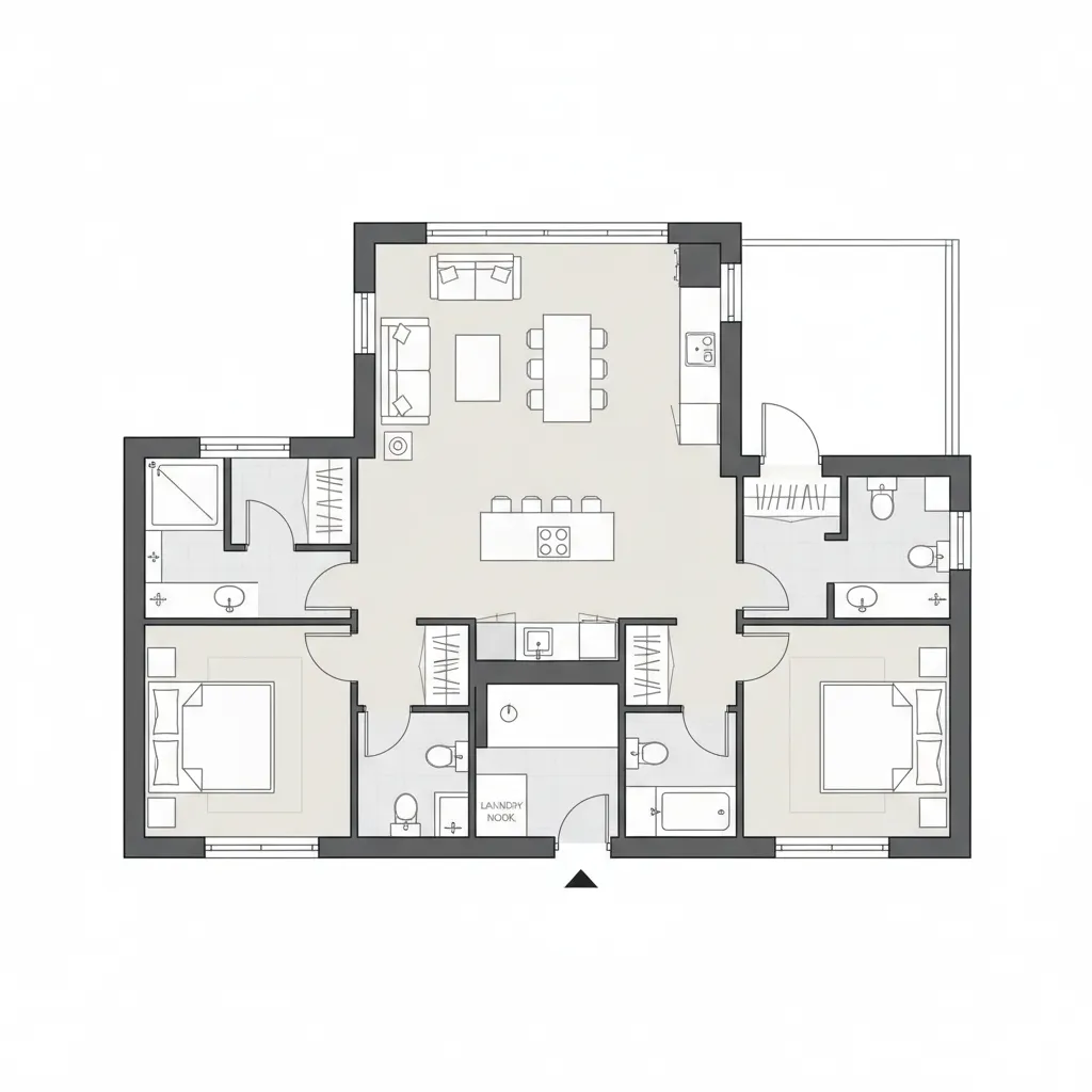 Plano de casa compacta con tres habitaciones bien distribuidas