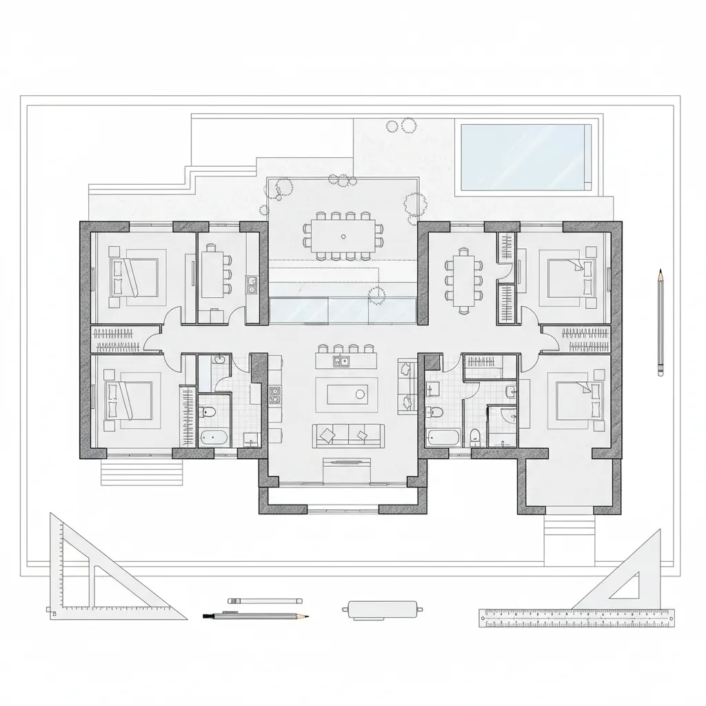 Detailed interior design drawing of house floor plan with bedrooms living area and outdoor pool