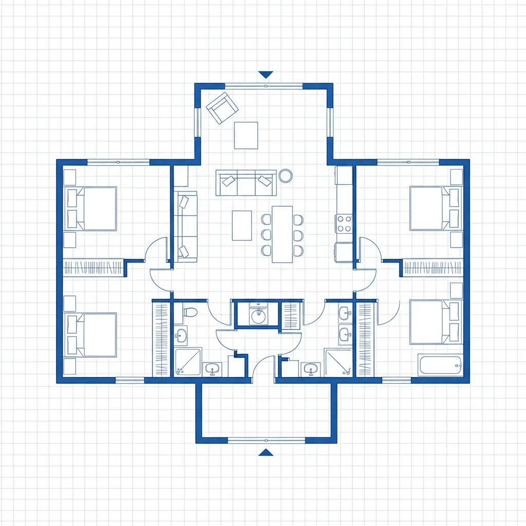 Plano arquitectónico de una casa moderna de una planta