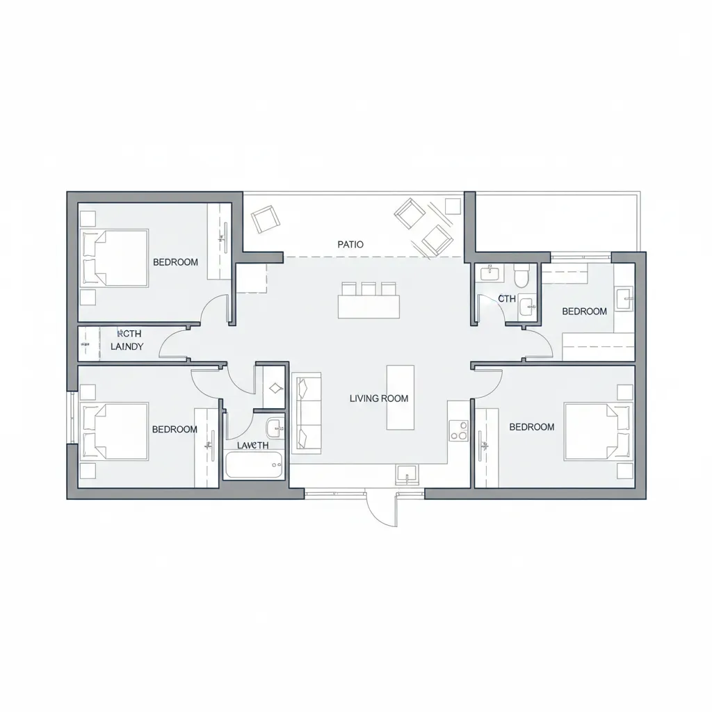 Plano arquitectónico de distribución de casa de una planta