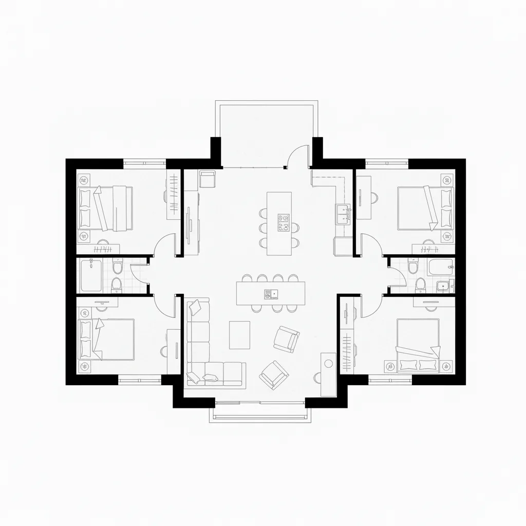 Top view floor plan showing four bedrooms two bathrooms living area kitchen and dining room layout