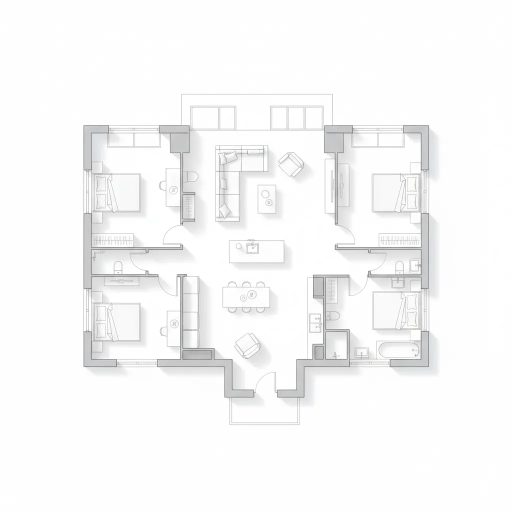 Plano arquitectónico moderno de una casa de planta baja