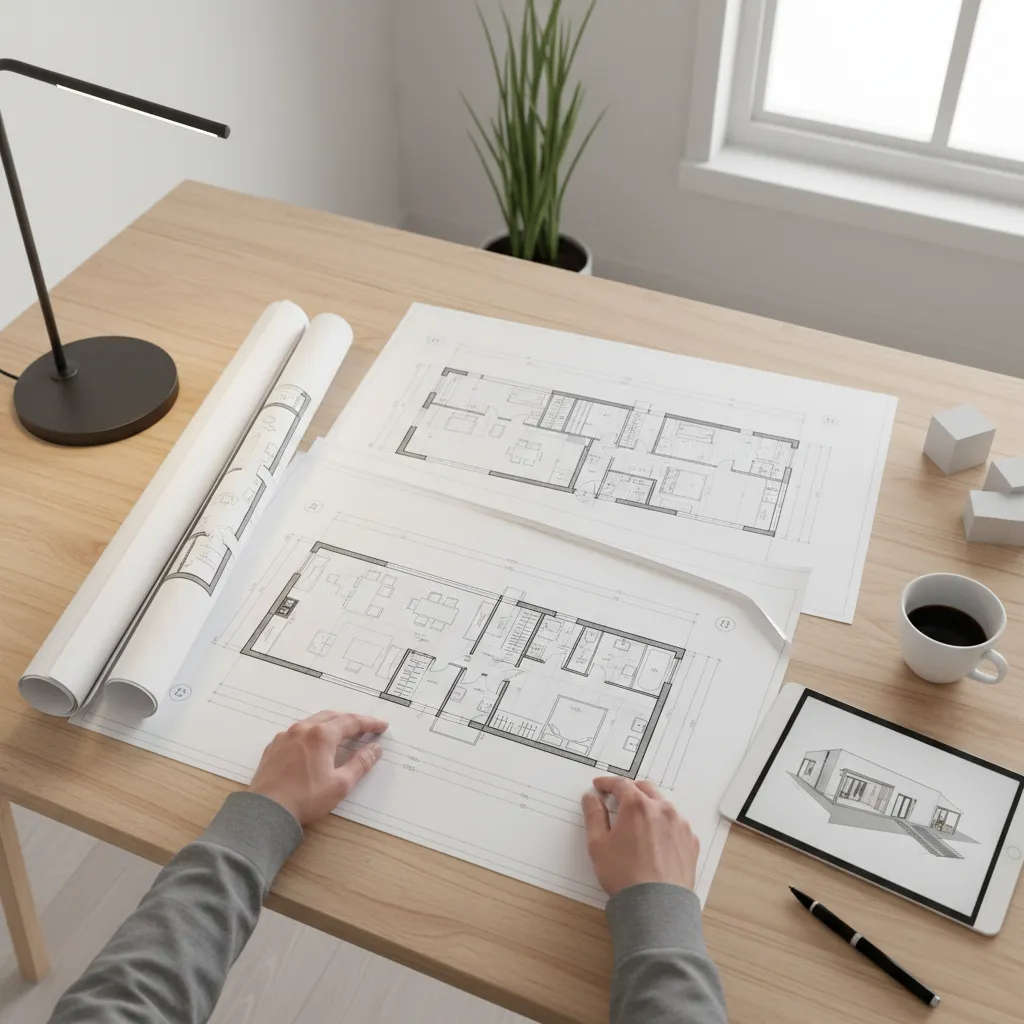 Plano arquitectónico de casa prefabricada moderna con distribución abierta