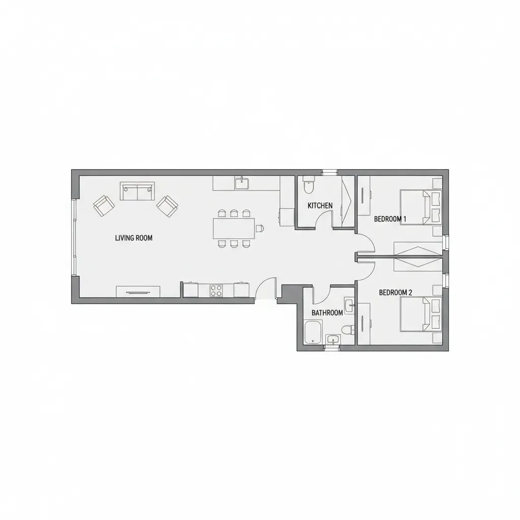 Plano arquitectónico de una casa prefabricada con distribución en L