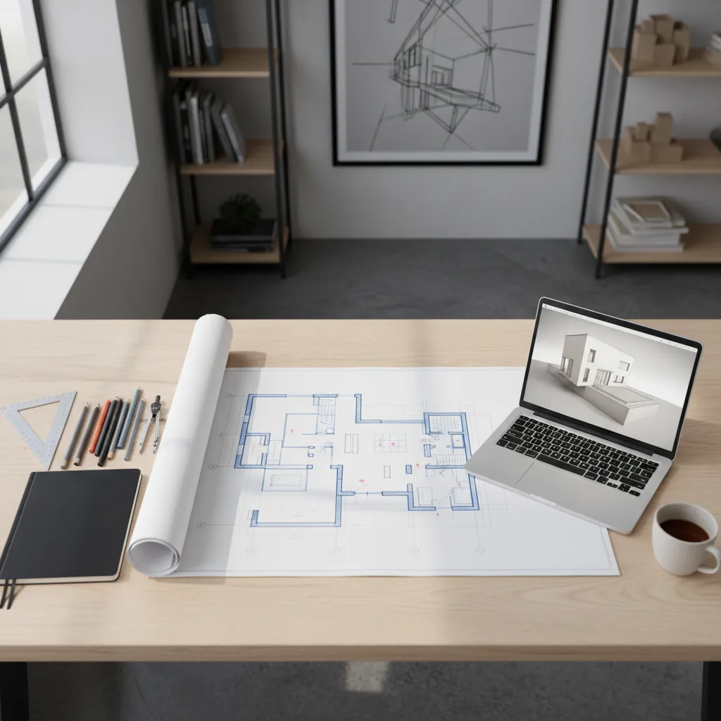 Desk showing a paper floor plan next to a laptop displaying a 3D house design
