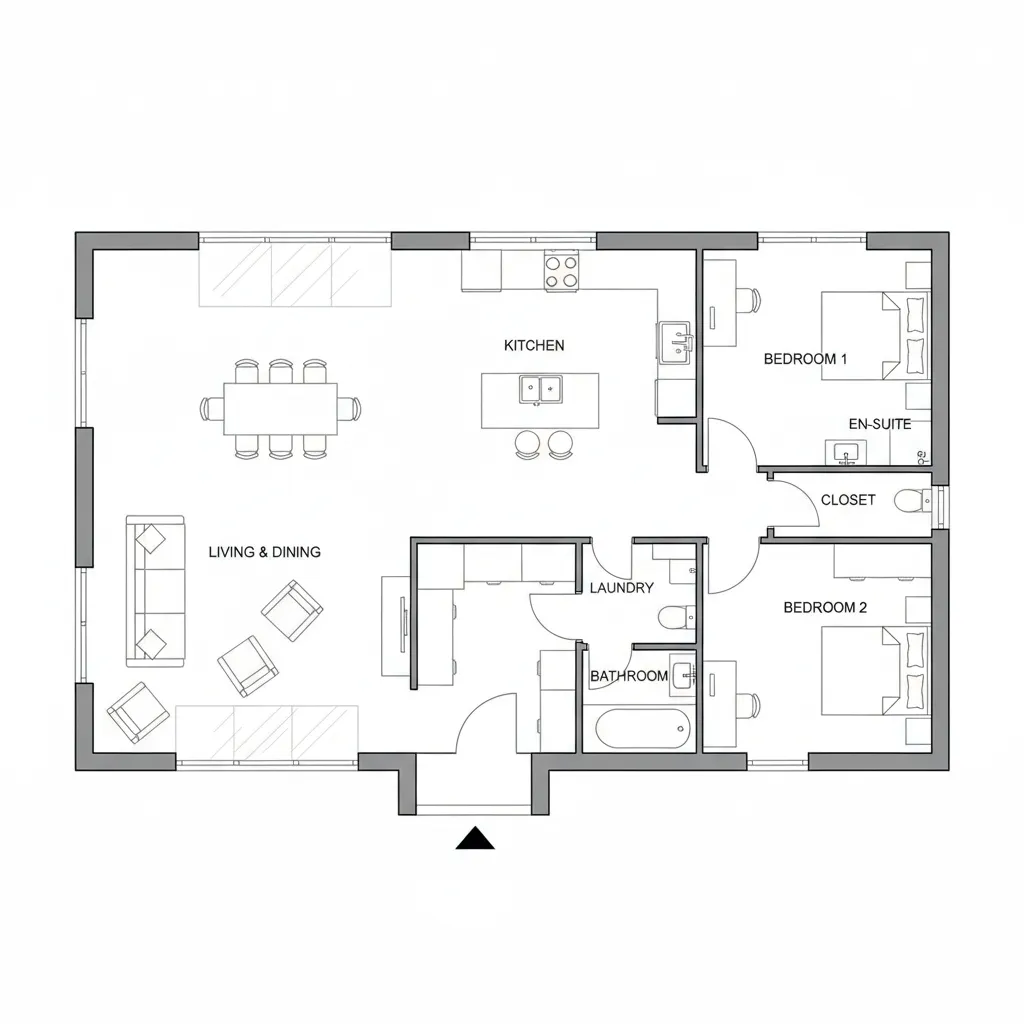 Plano arquitectónico de una casa rectangular con zonas diferenciadas
