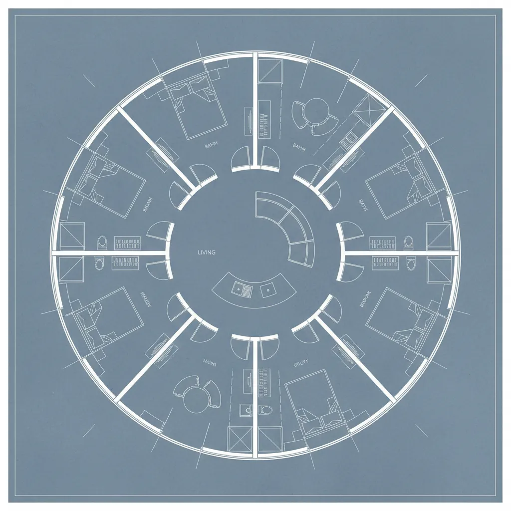 Plano arquitectónico de una casa circular con distribución radial