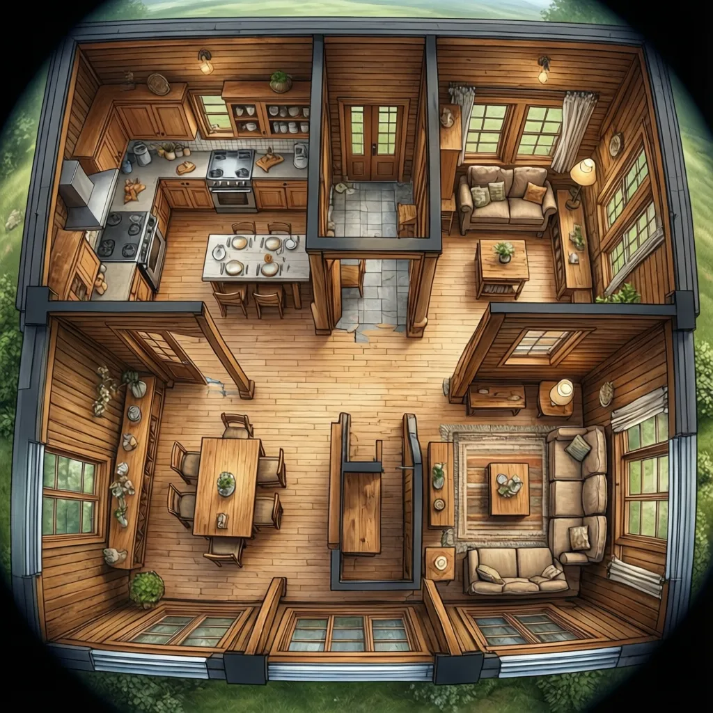 Top view of rustic wooden house floor plan showing kitchen dining area and living rooms