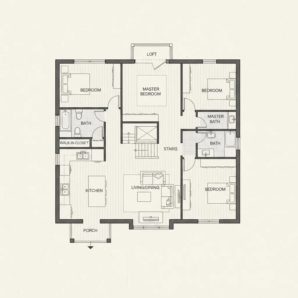 Plano arquitectónico de una casa rústica pequeña de dos plantas