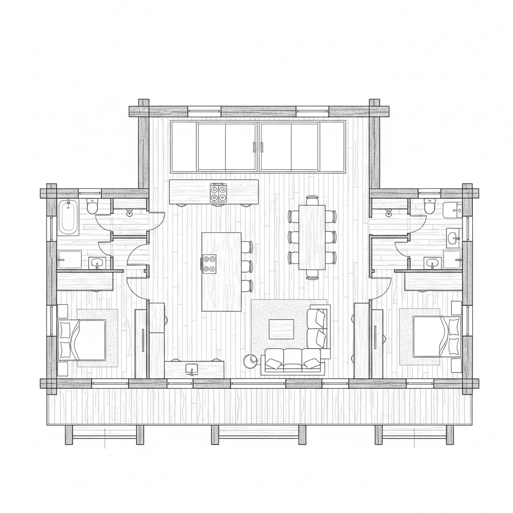 Professional floor plan drawing showing a cabin with two bedrooms kitchen and open living room layout