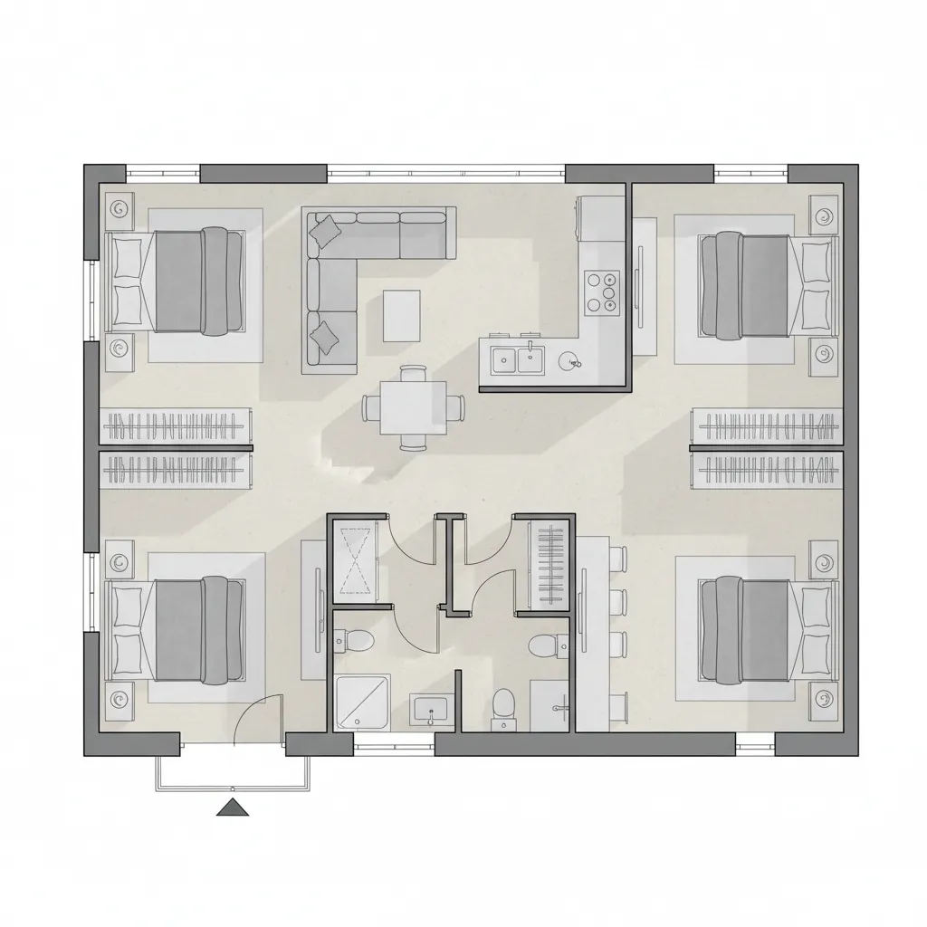 Plano simple de casa con sala comedor y dos habitaciones