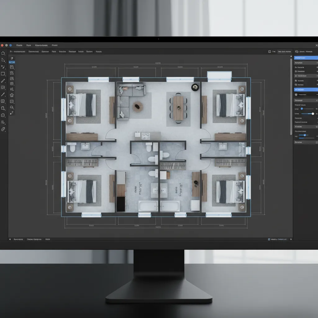 Plano digital de una casa con habitaciones y muebles en un software de diseño