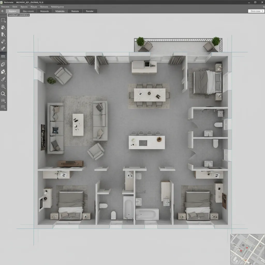 plano digital de una vivienda creado en software de diseño 3D