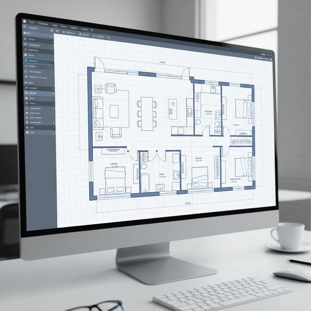 plano digital de una vivienda con varias habitaciones diseñado en software