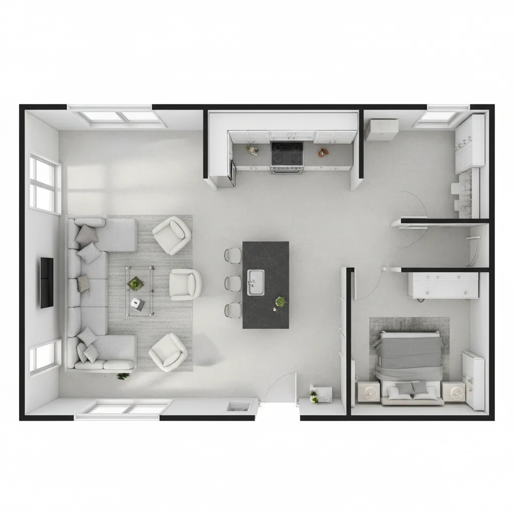 Top down interior design drawing showing kitchen island living room sofa and a separate bedroom