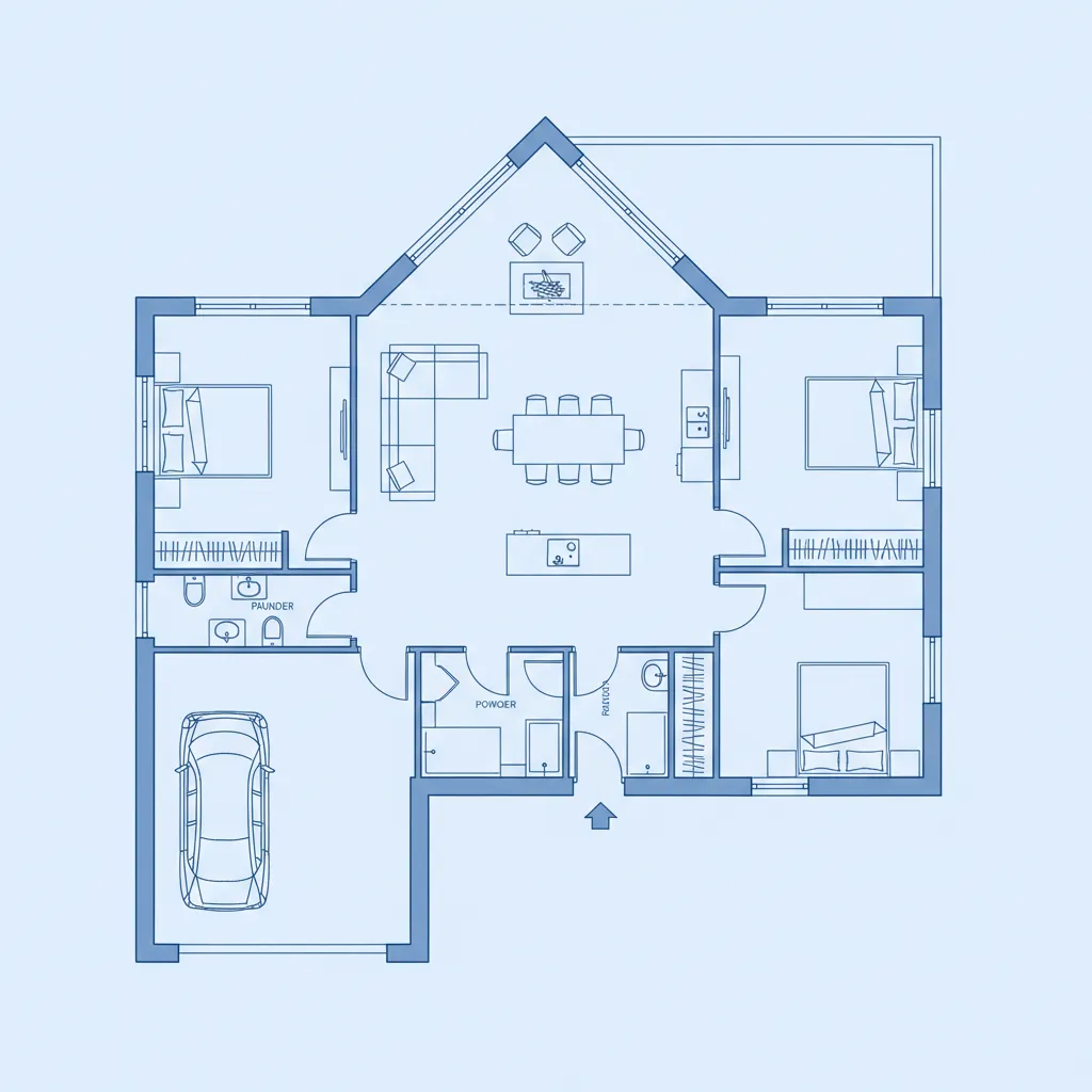 Plano arquitectónico de una casa con techo de dos aguas