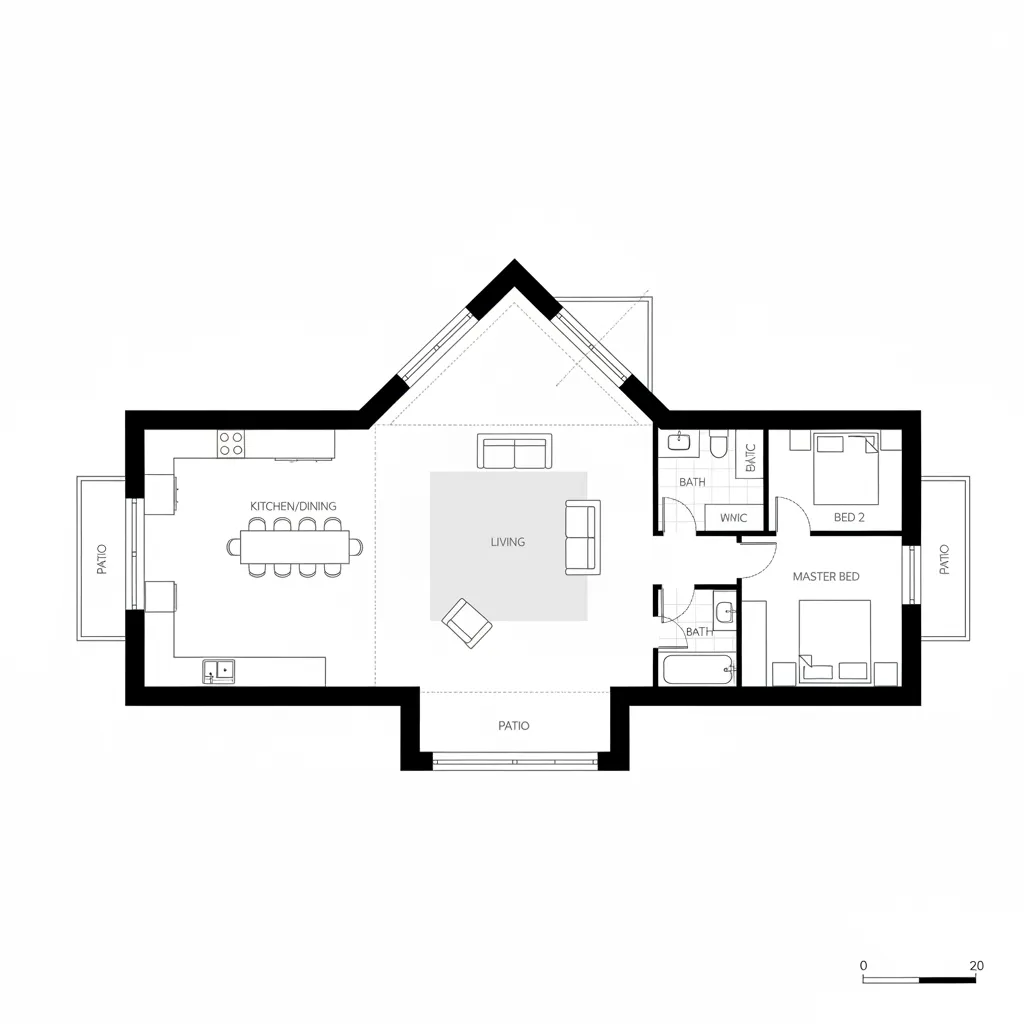 Plano arquitectónico de una casa moderna con tejado a dos aguas