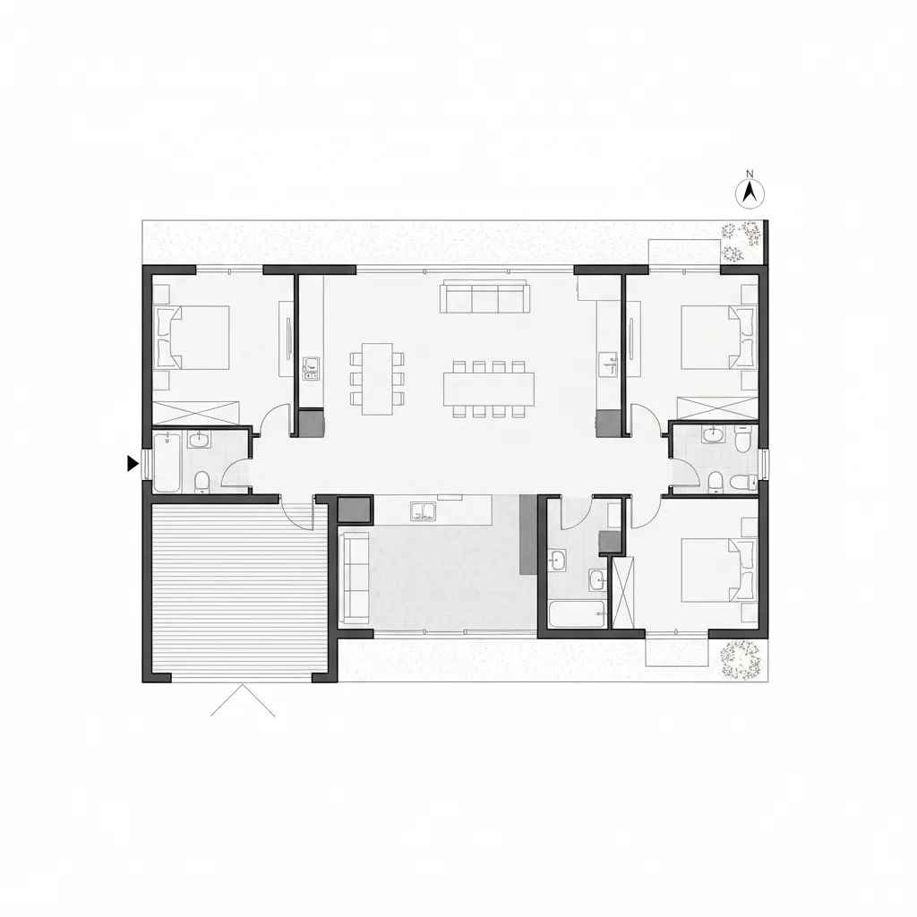 Plano arquitectónico de casa en terreno 10x25 con distribución longitudinal