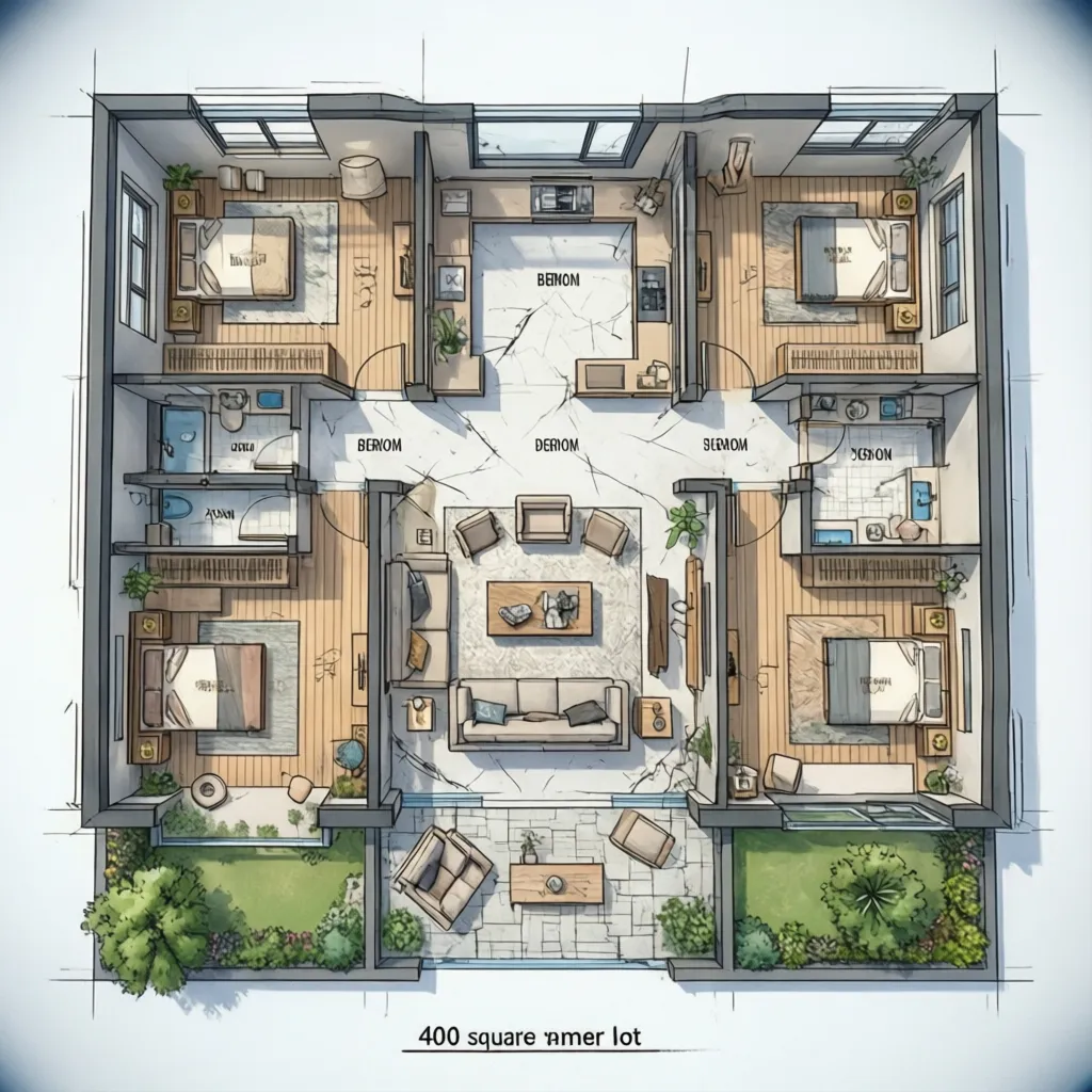 Plano arquitectónico de una casa diseñada para un terreno de 400 m2