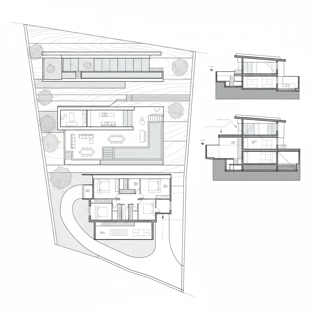 Plano arquitectónico conceptual de una casa adaptada a un terreno inclinado