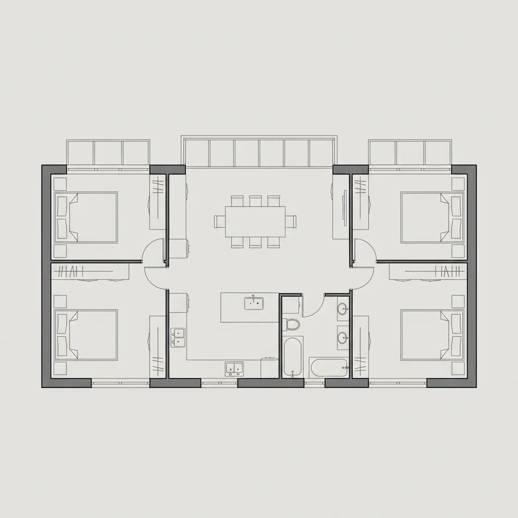 Simple 2D floor plan showing four bedrooms central dining area kitchen layout and small bathroom