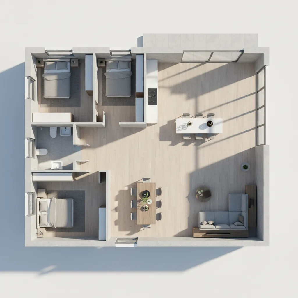 Plano de vivienda con zona social separada de los dormitorios