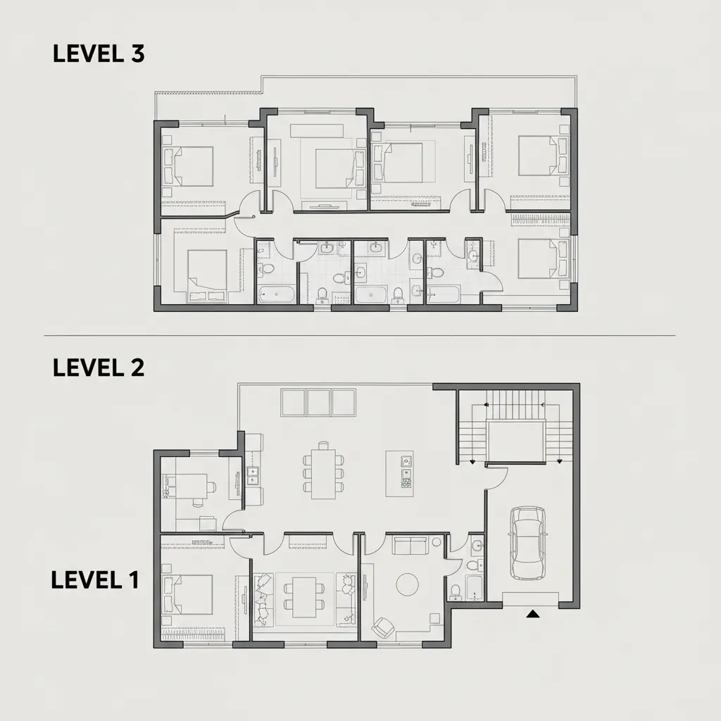 Plano arquitectónico de una casa de tres pisos con distribución por niveles